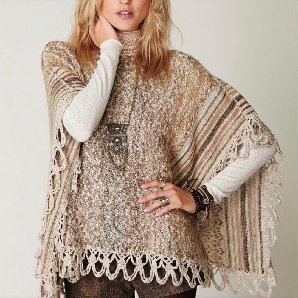 Free People Casablanca Cape Poncho Cream and brown with fringe and lace trim M